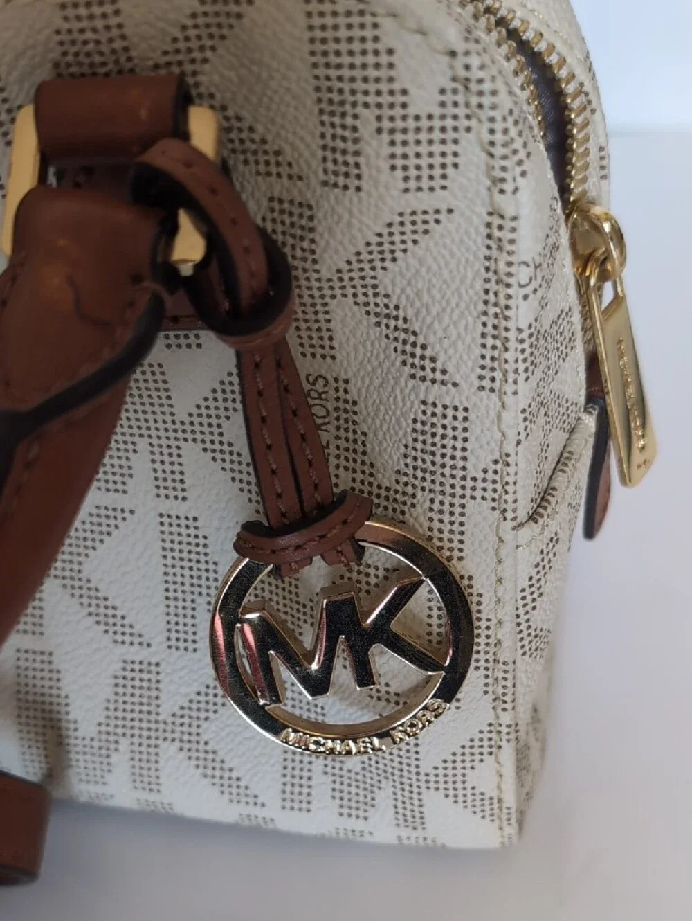 Michael Kors Cream and Brown Logo Satchel with Gold Accent